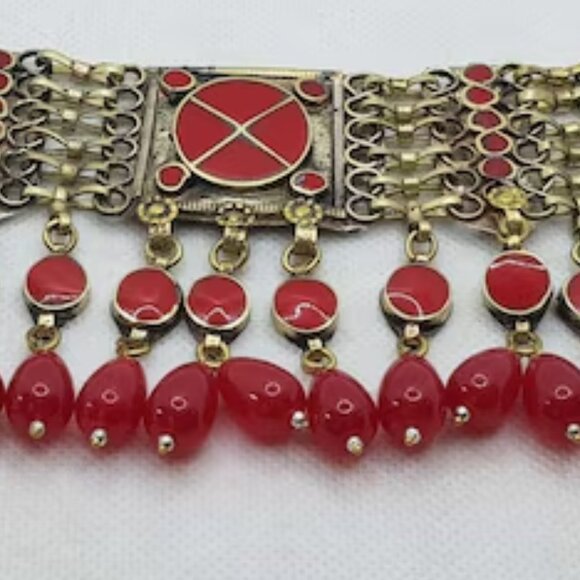 Afghan Choker Necklace With Dangling Beads, Afghan Kuchi Glass Stones Necklace, - Picture 3 of 4